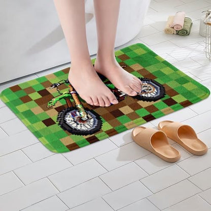 Cool Motorcycle Bathroom Rug, Pixelated Geometric Grid Non Slip Bath Mat - Image 2