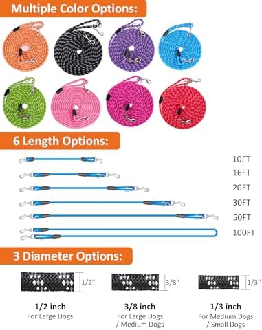 Long Dog Leash for Training 10FT/16FT/20FT/30FT/50FT/100FT, Reflective Tie Out - Image 2