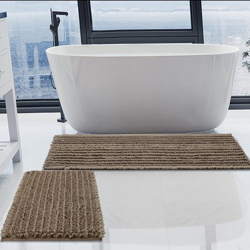 Luxury Chenille Taupe Bathroom Rugs Sets 2 Piece, Thickened Hot Melt Rubber by HVERONNEX