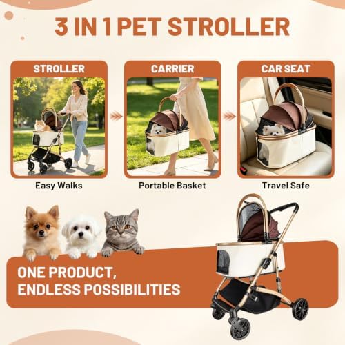 Pet Stroller for Small Medium Dogs and Cats, 3-in-1 Dog Stroller - Image 2