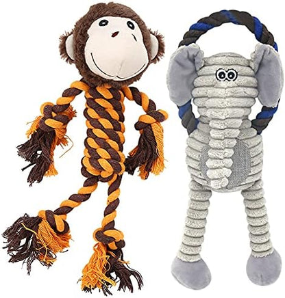 Monkey Rope Dog Toy, Plush Elephant Squeaky Dog Toy, 2 Pack by HUGEME