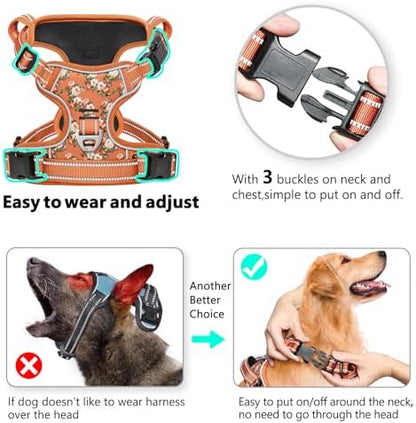 Timos Dog Harness Medium Sized, Quick Release 3 Buckles, Flower Orange - Image 2