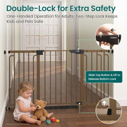 Cumbor 30.4-56.8" Extra Wide Baby Gate, Auto Close Dual Lock Dog Gate Brown - Image 3