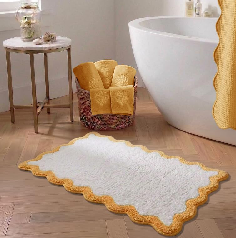 Cute Yellow Scalloped Bathroom Mat, Fun Plush Luxury Microfiber Bath Rug by Casasphere
