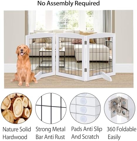 LZRS 3-Panel Freestanding Adjustable Wooden Dog Gate—30" Tall Foldable Pet - Image 3
