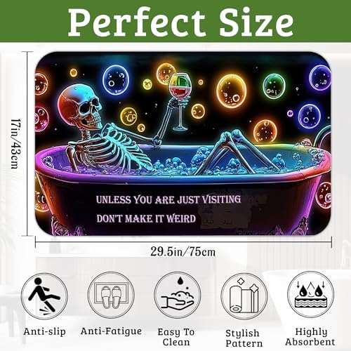 Punk Skull Bathroom Rugs Thin Bath Mat Non Slip Washable, Rubber Backing Quick - Image 2