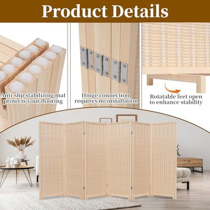 Bamboo Room Divider 6 Panel 47" H, 360°Rotating Feet Privacy Screen - Image 6