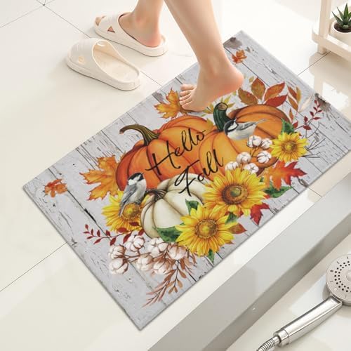 Giwawa Hello Fall Bath Rug Orange Pumpkin Bathtub Mat Non Slip Absorbent - Image 2