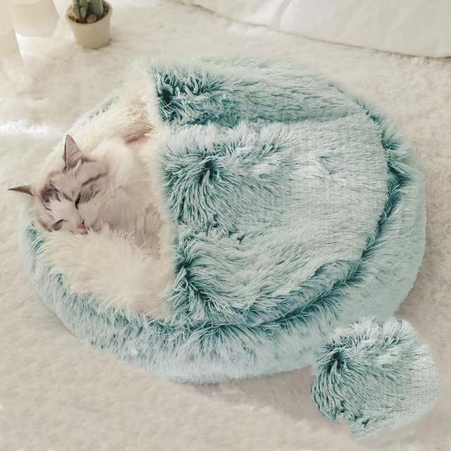 Round Fluffy Hooded Cat Bed Cave, Anti-Anxiety Cave Bed by Unknown