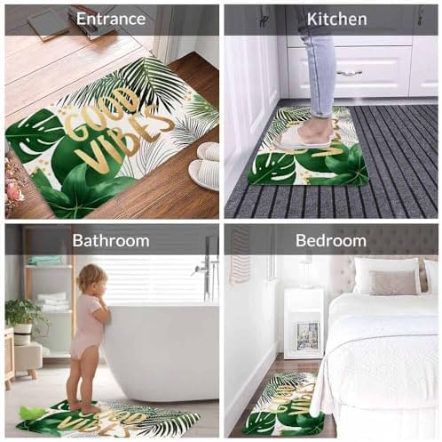 Good Vibes Gold Word Bath Mat for Bathroom Green Palm Leaf Tropical Jungle Palm - Image 4