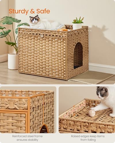 Feandrea Cat Litter Box Enclosure, Handwoven Rattan End Table, Extra Mat - Image 4
