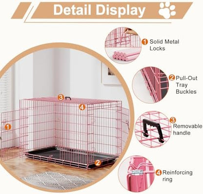 FDW | 48" Foldable Metal Dog Crate | Pink | Cage - Image 3
