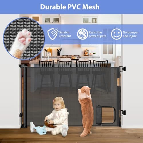 Retractable Baby Gates with Cat Door 80" Wide Retractable Dog Gate with Pet - Image 3