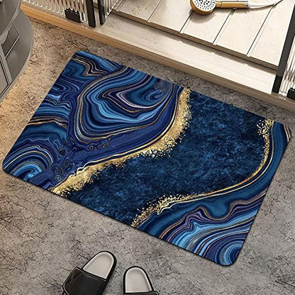Bath Mat Rug, Dark Blue Gold Marble Non Slip Quick Dry Super Absorbent Thin by ZHUZHISHAN