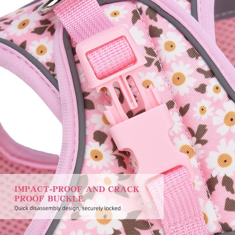 Small Dog Harness Black Daisy Flowers No Pull Reflective Harness - Image 6