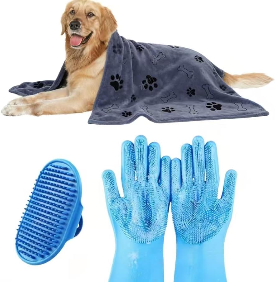 3PCS Dog Bath Supplies, Dog Bath Brush | Dog Washing Gloves | Dog Towel 40'' X by IDQQUQQ