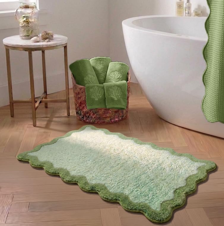 Cute Olive‌ Green Scalloped Bathroom Mat, Fun Plush Luxury Microfiber Bath Rug by Casasphere